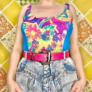 Vintage 90s blue neon floral Honolulu one piece swimsuit 🌺